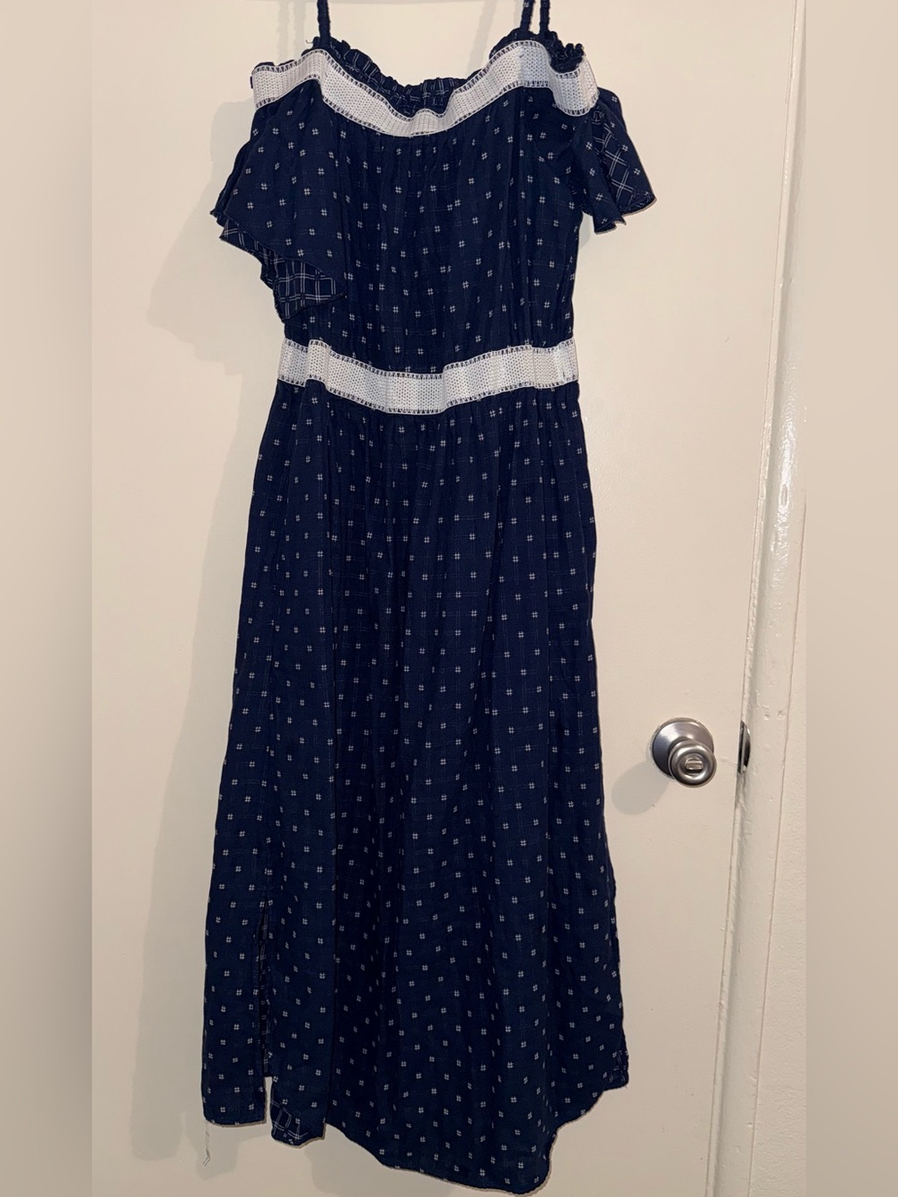 Navy Off-Shoulder Maxi Dress with White Trim